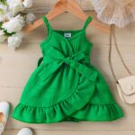 Charming Green Jacquard Fabric Dress for Toddler Girls - Sleeveless Summer Princess Gown with Ruffled Hem and Bow Detail, Machine Washable, Toddler Princess Dress