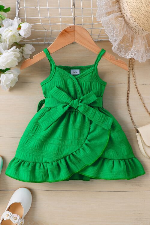 Charming Green Jacquard Fabric Dress for Toddler Girls – Sleeveless Summer Princess Gown with Ruffled Hem and Bow Detail, Machine Washable, Toddler Princess Dress