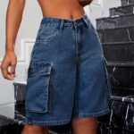 Women's Casual Denim Cargo Shorts with Flap Pockets - High-Waist, Non-Stretch, Solid Color, Machine Washable, Rayon Blend, Perfect for Spring/Fall - Image 4