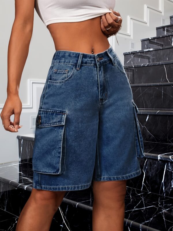 Women's Casual Denim Cargo Shorts with Flap Pockets - High-Waist, Non-Stretch, Solid Color, Machine Washable, Rayon Blend, Perfect for Spring/Fall - Image 4