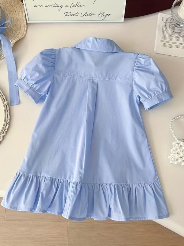aiLe Rabbit Girls' Elegant Summer Dress - Pink with Bunny Embroidery, Ruffle Hem, Short Sleeve, Button-Up Collar, Non-Stretch Fabric, Perfect for Casual Wear, Cute Summer Dresses - Image 4