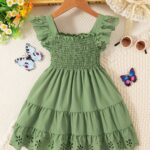 Girls Comfy Solid Ruffle Sleeve Square Neck Dress, Casual Dresses For Summer Holiday Party Gift - Image 6