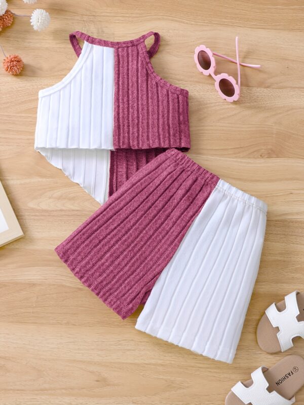 Girls 2pcs Summer Outfit Set, Knitted Polyester & Elastane, Solid Color Halter Neck Top with Bow Detail & Matching Shorts, Casual Fit for Playtime & Outings, for Outdoor - Image 7