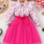 Elegant Floral Print Long Sleeve Dress with Belt - Mint Green Turned-Collar, Tulle Skirt, Perfect for Fall/Winter, Toddler Fashion, Toddler Fashion Outfit | Floral Print Dress | Glossy Fabric, Floral Print Blouse - Image 7