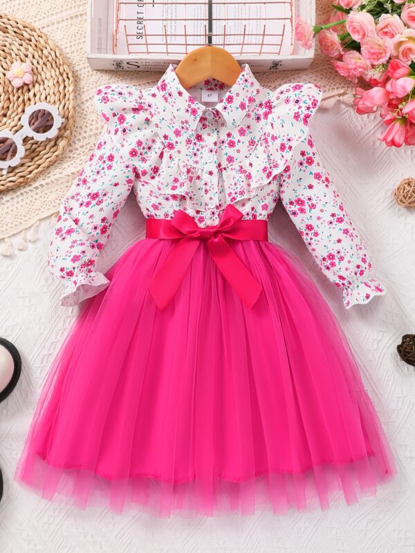 Elegant Floral Print Long Sleeve Dress with Belt - Mint Green Turned-Collar, Tulle Skirt, Perfect for Fall/Winter, Toddler Fashion, Toddler Fashion Outfit | Floral Print Dress | Glossy Fabric, Floral Print Blouse - Image 7