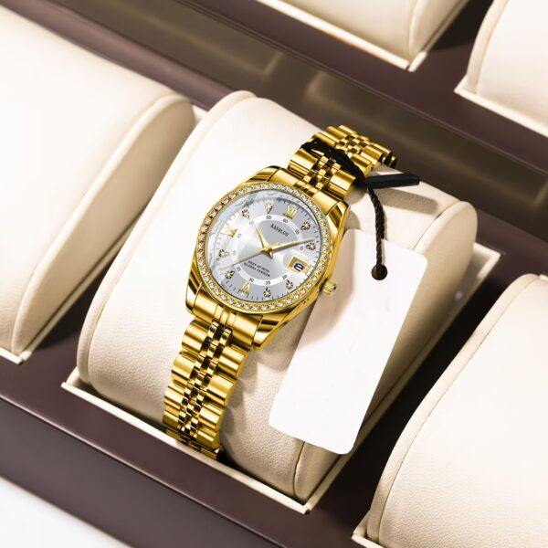 KASRLUO Women's Stainless Steel Quartz Watch with Luminous Rhinestone Date Display, Blue Dial & Golden-Tone Band - Elegant Business Style, Casual Elegance | Elegant Timepiece | Luminous Dial - Image 5