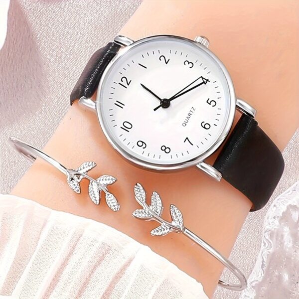 2pcs/set Women's Casual Round Pointer Quartz Watch Analog PU Leather Wrist Watch & Leaf Bangle, Gift For GirlsHer - Image 6