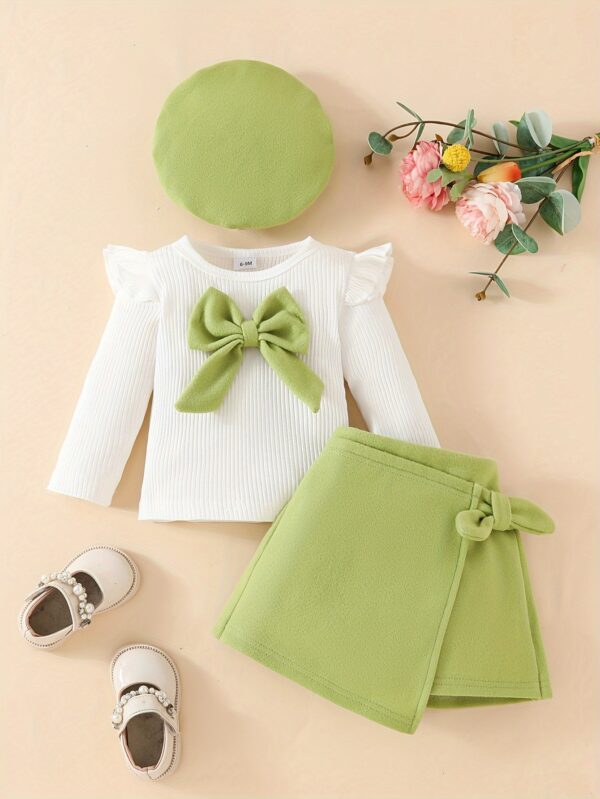 3pcs Baby's Adorable Bowknot Decor Long Sleeve Top + Beret + Trendy Skirt, Toddler & Infant Girl's Clothing Outdoor Set For Winter Fall, Outdoor Cloth - Image 6