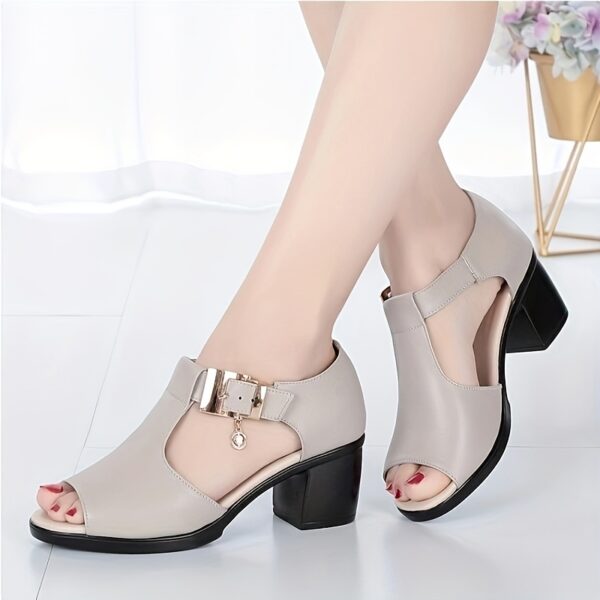 Women's Black Peep-Toe Sandals with Chunky Heel - Elegant Ankle Suspender Dress Shoes, PU Cover, Perfect for Summer - Image 2