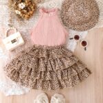 Girls' 3pcs Vintage Leopard Print Outfit Set - Sleeveless Cotton Blend Bandeau Top, Tiered Skirt, and Matching Hat - Casual Summer Wear for Kids with Frill Details - Image 2