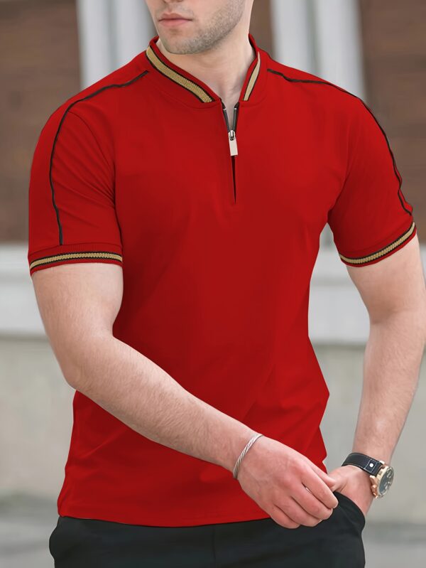Men'S Casual Short Sleeve Polo Shirt - Beige with Black Side Stripes, Comfortable Breathable Fabric, Mandarin Collar, Zipper Detail, Perfect for Sports, Outdoor Activities & Casual Wear, Sports Casual Wear | Minimalist Design | Comfortable Fit - Image 3