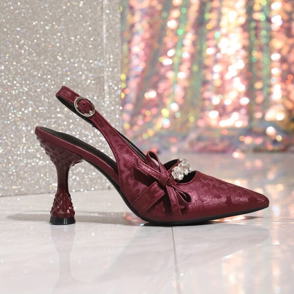 Elegant French-Inspired Pointed Toe Stiletto Sandals for Women - Summer High Heels with Ankle Strap, Rhinestone Embellishments & Bow Detail, Red & Black, Faux Cover, Perfect for Casual or Formal Occasions, Stiletto Heels - Image 6