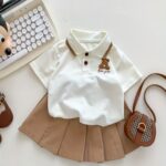 Cartoon Polo Shirt And Pleated Dress Set for Baby Girls in a Collegiate Style, for Outdoor