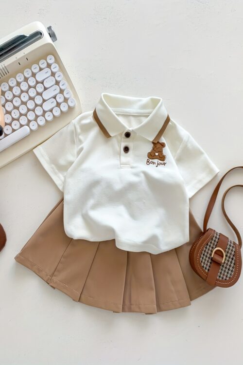 Cartoon Polo Shirt And Pleated Dress Set for Baby Girls in a Collegiate Style, for Outdoor