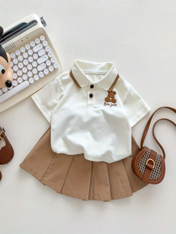 Cartoon Polo Shirt And Pleated Dress Set for Baby Girls in a Collegiate Style, for Outdoor