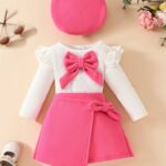 3pcs Baby's Adorable Bowknot Decor Long Sleeve Top + Beret + Trendy Skirt, Toddler & Infant Girl's Clothing Outdoor Set For Winter Fall, Outdoor Cloth - Image 2
