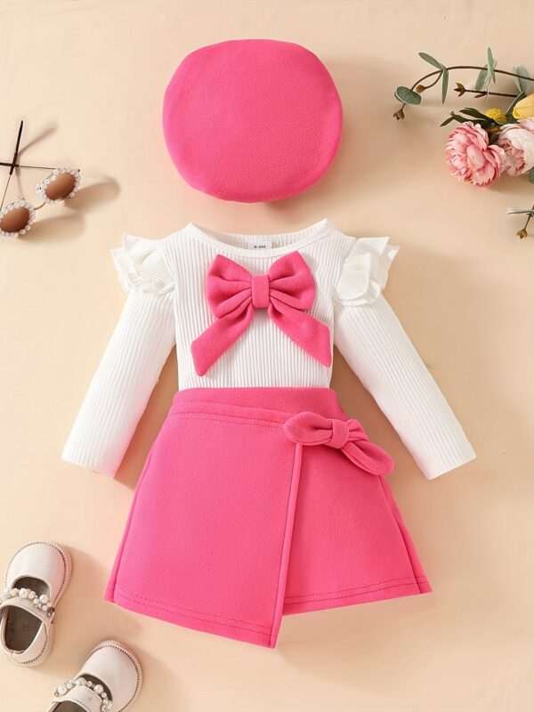 3pcs Baby's Adorable Bowknot Decor Long Sleeve Top + Beret + Trendy Skirt, Toddler & Infant Girl's Clothing Outdoor Set For Winter Fall, Outdoor Cloth - Image 2