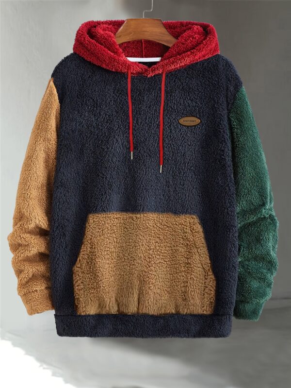 Men's Multicolor Fleece Hoodie with Patch - Warm, Casual Fall & Winter Sweatshirt with Drawstring Hood and Kangaroo Pocket, Casual Winter Wear|Color Block Hoodie|Soft Texture Sweatshirt - Image 2