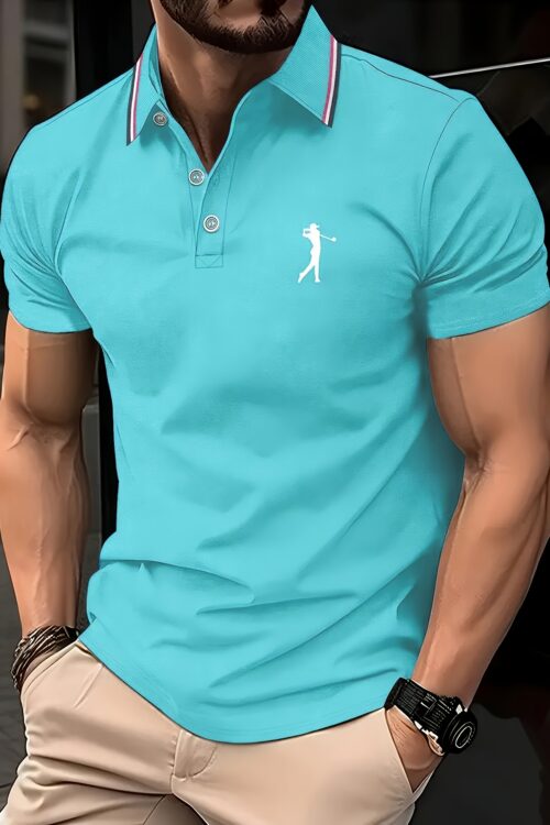 Men’s Short Sleeve Shirt – White with Red Golf Print, Striped Collar & Cuffs, Breathable Summer Golf & Casual Wear, Machine Washable Regular Fit, Durable Fabric
