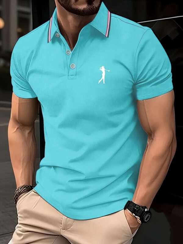 Men's Short Sleeve Shirt - White with Red Golf Print, Striped Collar & Cuffs, Breathable Summer Golf & Casual Wear, Machine Washable Regular Fit, Durable Fabric