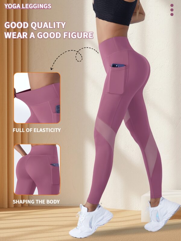 Yoga Tights with Abdominal Reduction and Contrast Color Mesh Fitness Gym Tights with Side Phone Pockets Yoga Leggings - Image 10