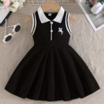 Toddler Sleeveless A-Line Dress - Vibrant Green with Black & White Striped Design, Button-Up Collar, Perfect for Summer Outdoor Activities, Youngsters' Fashion, Casual Wear|Sporty Style|Strapless Design, Youngsters Dress - Image 3