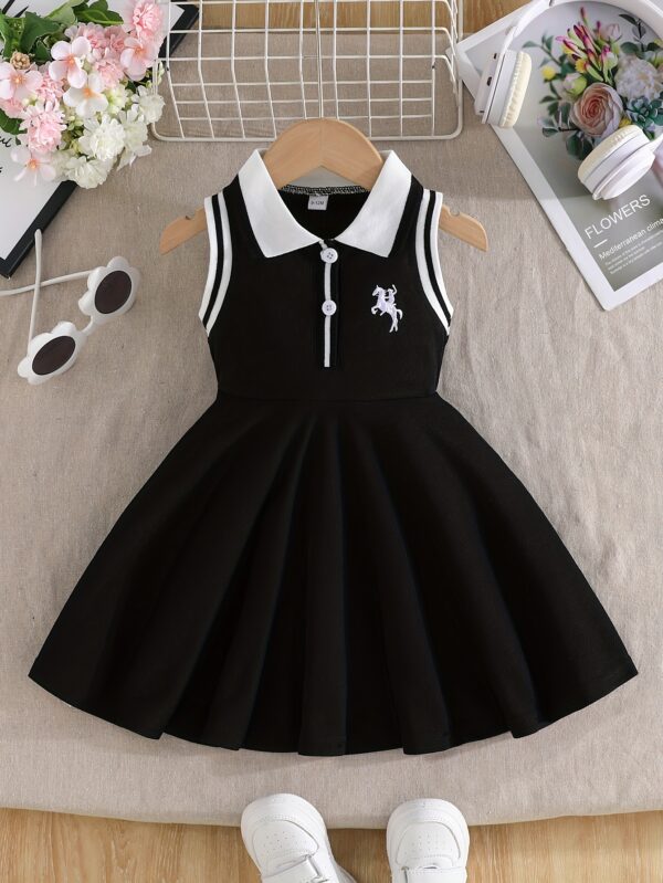 Toddler Sleeveless A-Line Dress - Vibrant Green with Black & White Striped Design, Button-Up Collar, Perfect for Summer Outdoor Activities, Youngsters' Fashion, Casual Wear|Sporty Style|Strapless Design, Youngsters Dress - Image 3