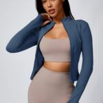 High-Elasticity Slim-Fit Yoga Top - Stand Collar Zipper Front Long Sleeve Workout Shirt, Peach Solid Color Non-See-Through Fabric for Yoga, Gym & Casual Wear, Machine Washable, Formfitting Design, Highelasticity Material - Image 3
