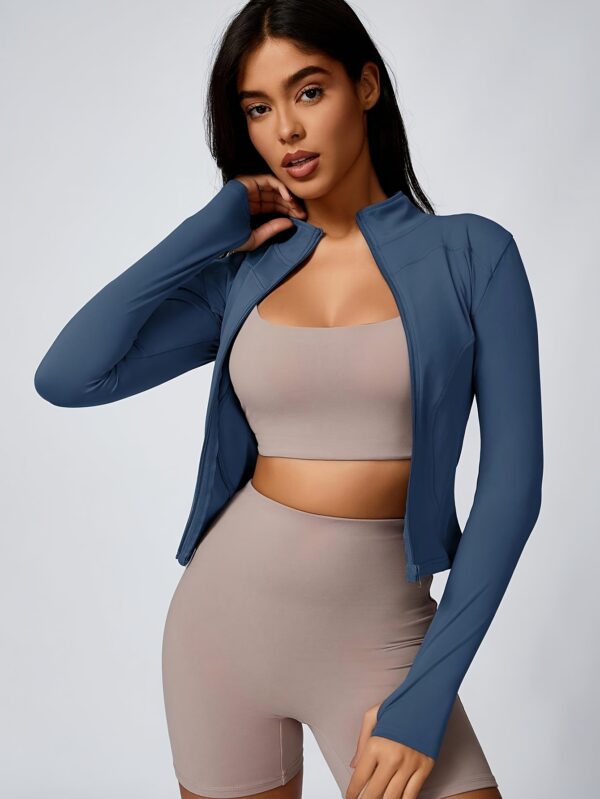 High-Elasticity Slim-Fit Yoga Top - Stand Collar Zipper Front Long Sleeve Workout Shirt, Peach Solid Color Non-See-Through Fabric for Yoga, Gym & Casual Wear, Machine Washable, Formfitting Design, Highelasticity Material - Image 3