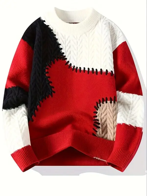 Men's Color-Block Cable Knit Sweater - Soft Warm All-Season Casual Pullover with Contrast Design, Machine Washable Regular Fit Round Neck Long Sleeve, Knitted Sweater, Durable Comfort Wear - Image 4