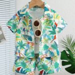 Boys' Summer Casual Outfit: White Leaf Print Short Sleeve Shirt and Comfortable Shorts Set, Polyester, Non-Stretch Fabric - Ideal for Outdoor Activities, Tree Leaf, Suitable, Leisure Style, Conventional Version, Summer, Perfect for Outdoor - Image 3