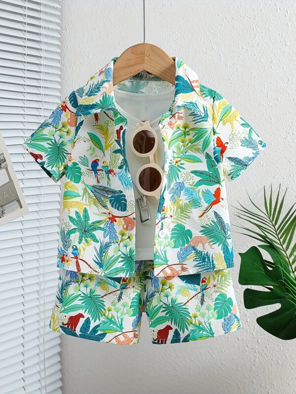 Boys' Summer Casual Outfit: White Leaf Print Short Sleeve Shirt and Comfortable Shorts Set, Polyester, Non-Stretch Fabric - Ideal for Outdoor Activities, Tree Leaf, Suitable, Leisure Style, Conventional Version, Summer, Perfect for Outdoor - Image 3