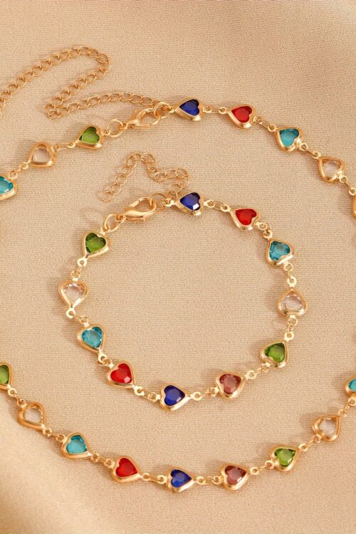 Vintage-Inspired 2-Piece Jewelry Set for Women – Zinc Alloy Heart Link Necklace and Bracelet Combo, Luxury Multicolor, Non-Plated – Versatile Accessory for Daily Wear & Gift Giving