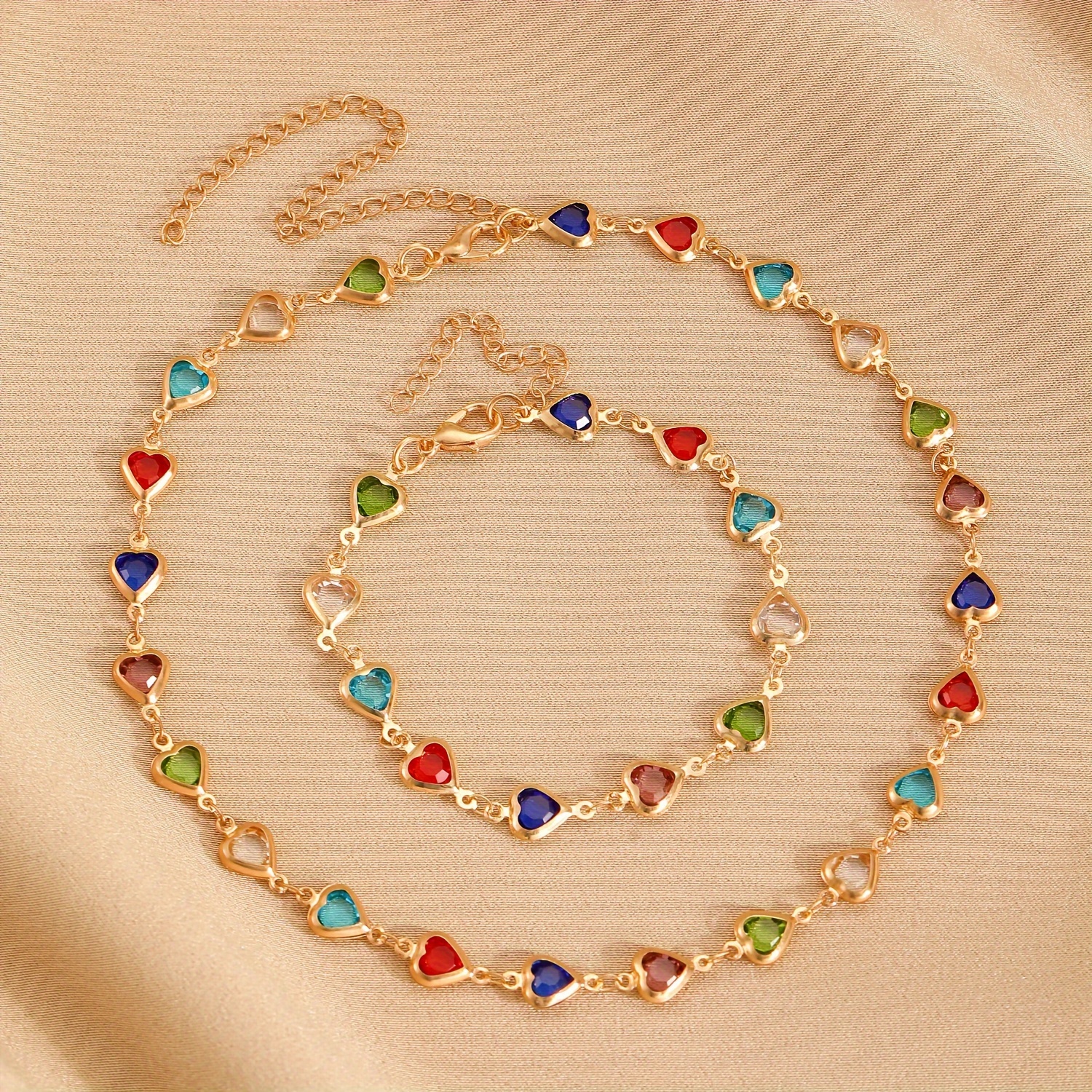 Vintage-Inspired 2-Piece Jewelry Set for Women – Zinc Alloy Heart Link Necklace and Bracelet Combo, Luxury Multicolor, Non-Plated – Versatile Accessory for Daily Wear & Gift Giving