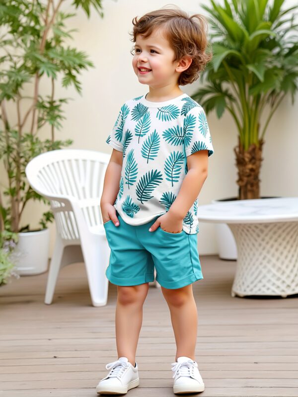 2pcs set of boys' clothing, summer short-sleeved round-neck T-shirt with leaf print and boy's fashionable shorts for summer outings, Perfect for Outdoor - Image 10