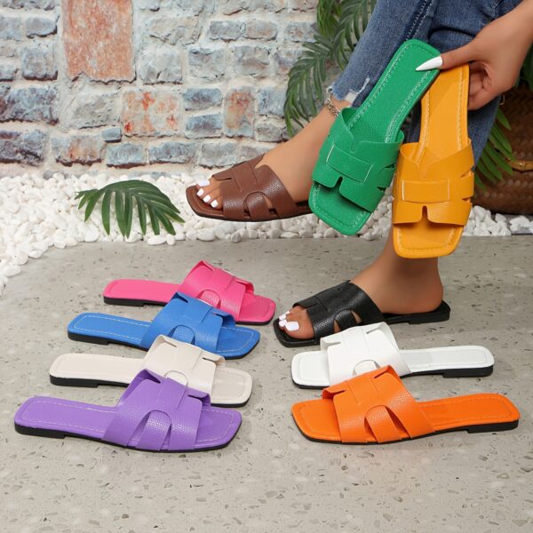 Women'S Flat Sandals - Colorful Square Toe Slip-On Shoes with Faux Cover Upper & Sole, Casual Summer Monogram Footwear in White, Pink, Yellow, Blue, Green & More, Everyday Sandals | Square Toe Design | Synthetic Cover Sandal - Image 2