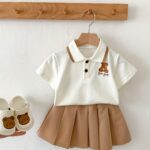 Cartoon Polo Shirt And Pleated Dress Set for Baby Girls in a Collegiate Style, for Outdoor - Image 8