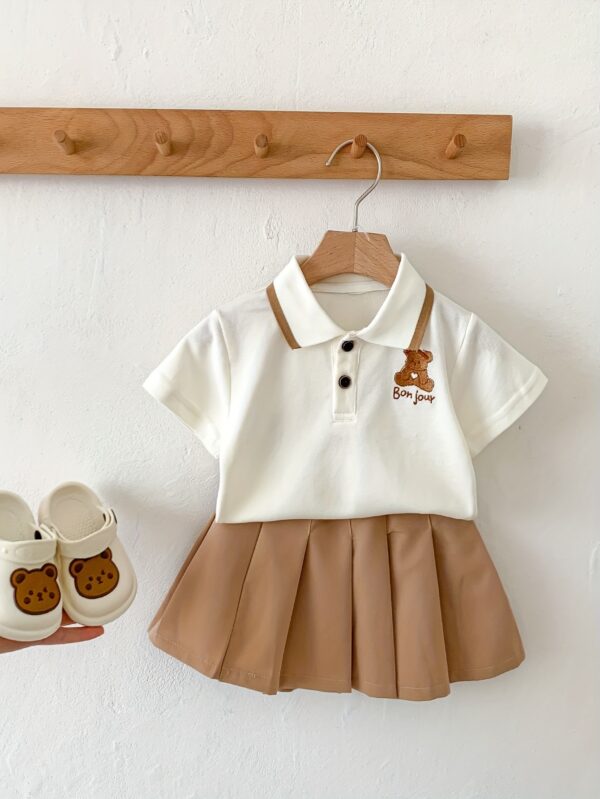 Cartoon Polo Shirt And Pleated Dress Set for Baby Girls in a Collegiate Style, for Outdoor - Image 8