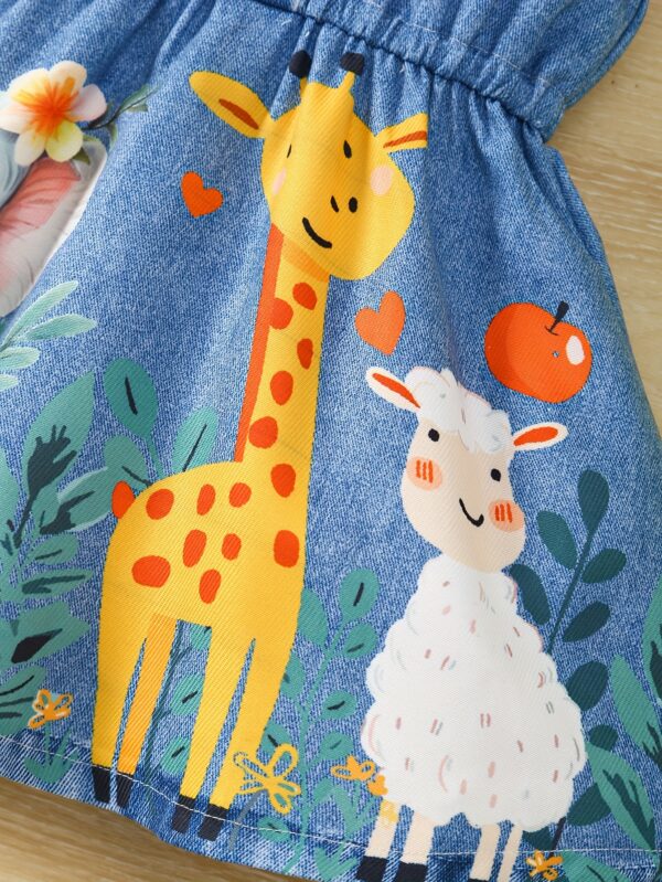A Cute Sleeveless Dress for Baby Girls Featuring a Shirt Collar, Print Faux Denim, And Animal-Themed Designs, Perfect for Summer. - Image 6