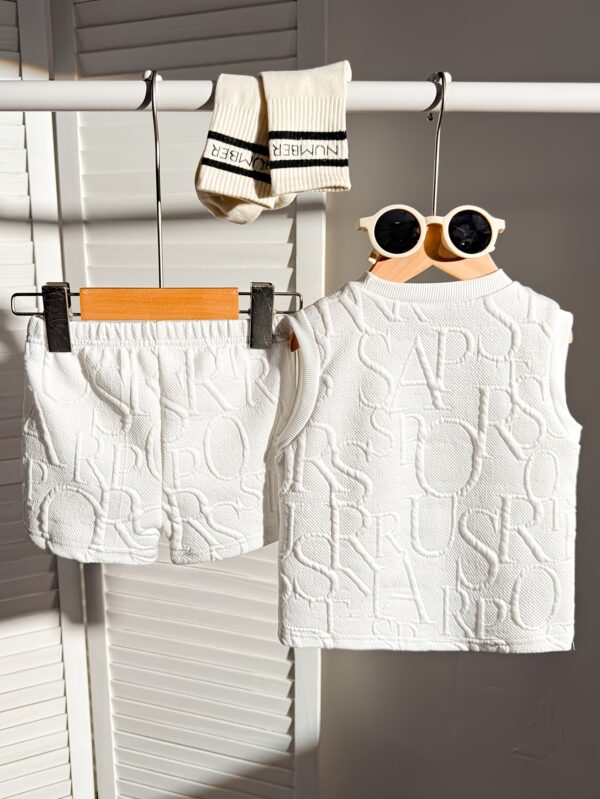 2pcs Set of Baby Boys' Casual Sports Cutout Letter Pattern Fabric Vest And Shorts, Summer Wear Suitable for Outdoor Activities - Image 2