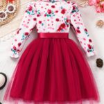 Elegant Floral Print Long Sleeve Dress with Belt - Mint Green Turned-Collar, Tulle Skirt, Perfect for Fall/Winter, Toddler Fashion, Toddler Fashion Outfit | Floral Print Dress | Glossy Fabric, Floral Print Blouse - Image 9