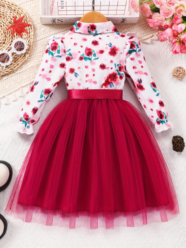 Elegant Floral Print Long Sleeve Dress with Belt - Mint Green Turned-Collar, Tulle Skirt, Perfect for Fall/Winter, Toddler Fashion, Toddler Fashion Outfit | Floral Print Dress | Glossy Fabric, Floral Print Blouse - Image 9