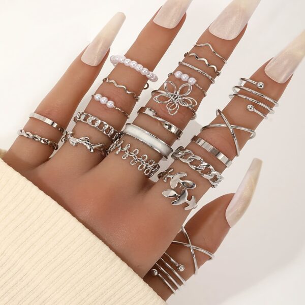 22-Piece Fashion Stackable Rings Set, Vintage Punk Style, Faux Pearl Inlays, Versatile for Daily Wear, Parties, Casual Vacation, Perfect Gift for Women, Zinc Alloy, Heart Theme, All-Season Accessory - Image 2