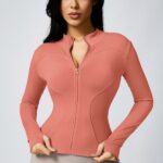 High-Elasticity Slim-Fit Yoga Top - Stand Collar Zipper Front Long Sleeve Workout Shirt, Peach Solid Color Non-See-Through Fabric for Yoga, Gym & Casual Wear, Machine Washable, Formfitting Design, Highelasticity Material