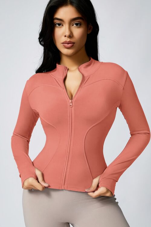High-Elasticity Slim-Fit Yoga Top – Stand Collar Zipper Front Long Sleeve Workout Shirt, Peach Solid Color Non-See-Through Fabric for Yoga, Gym & Casual Wear, Machine Washable, Formfitting Design, Highelasticity Material