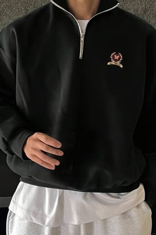 Men’s Casual Zip-Up Pullover Sweatshirt – Soft, Comfortable Long Sleeve with Rose Logo, Stand Collar, Ideal for Spring/Fall, 100% Polyester