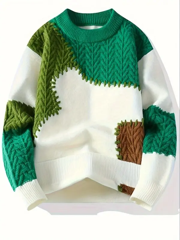 Men's Color-Block Cable Knit Sweater - Soft Warm All-Season Casual Pullover with Contrast Design, Machine Washable Regular Fit Round Neck Long Sleeve, Knitted Sweater, Durable Comfort Wear - Image 2