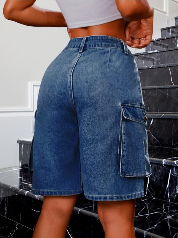 Women's Casual Denim Cargo Shorts with Flap Pockets - High-Waist, Non-Stretch, Solid Color, Machine Washable, Rayon Blend, Perfect for Spring/Fall - Image 2