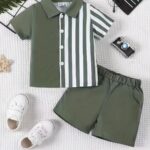 Boys' Fashion Set, Striped Polyester Shirt and Shorts, Casual Elastic Fabric, Spring/Summer Collection, Slim Fit, Button Detail, Woven Construction, Polyester Top and Bottom, For Outdoor