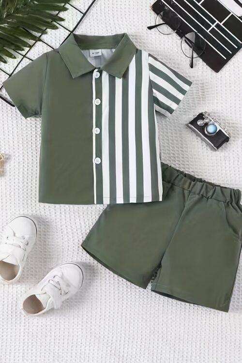 Boys’ Fashion Set, Striped Polyester Shirt and Shorts, Casual Elastic Fabric, Spring/Summer Collection, Slim Fit, Button Detail, Woven Construction, Polyester Top and Bottom, For Outdoor
